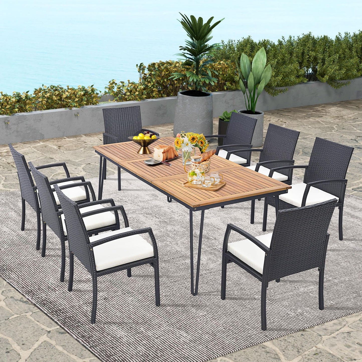 Tangkula Ensemble de salle à manger de jardin 9 pièces en rotin avec table en bois d'acacia