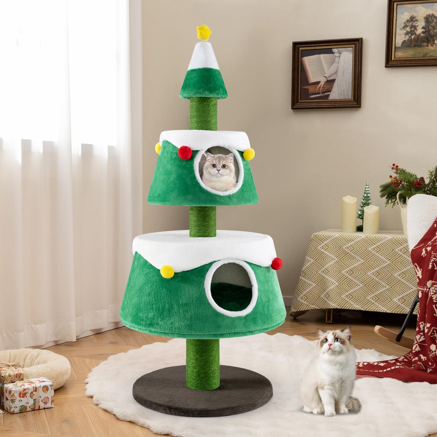 Tangkula Arbre à chat de Noël pour chats d'intérieur, mignonne tour à chat de vacances avec 2 niches
