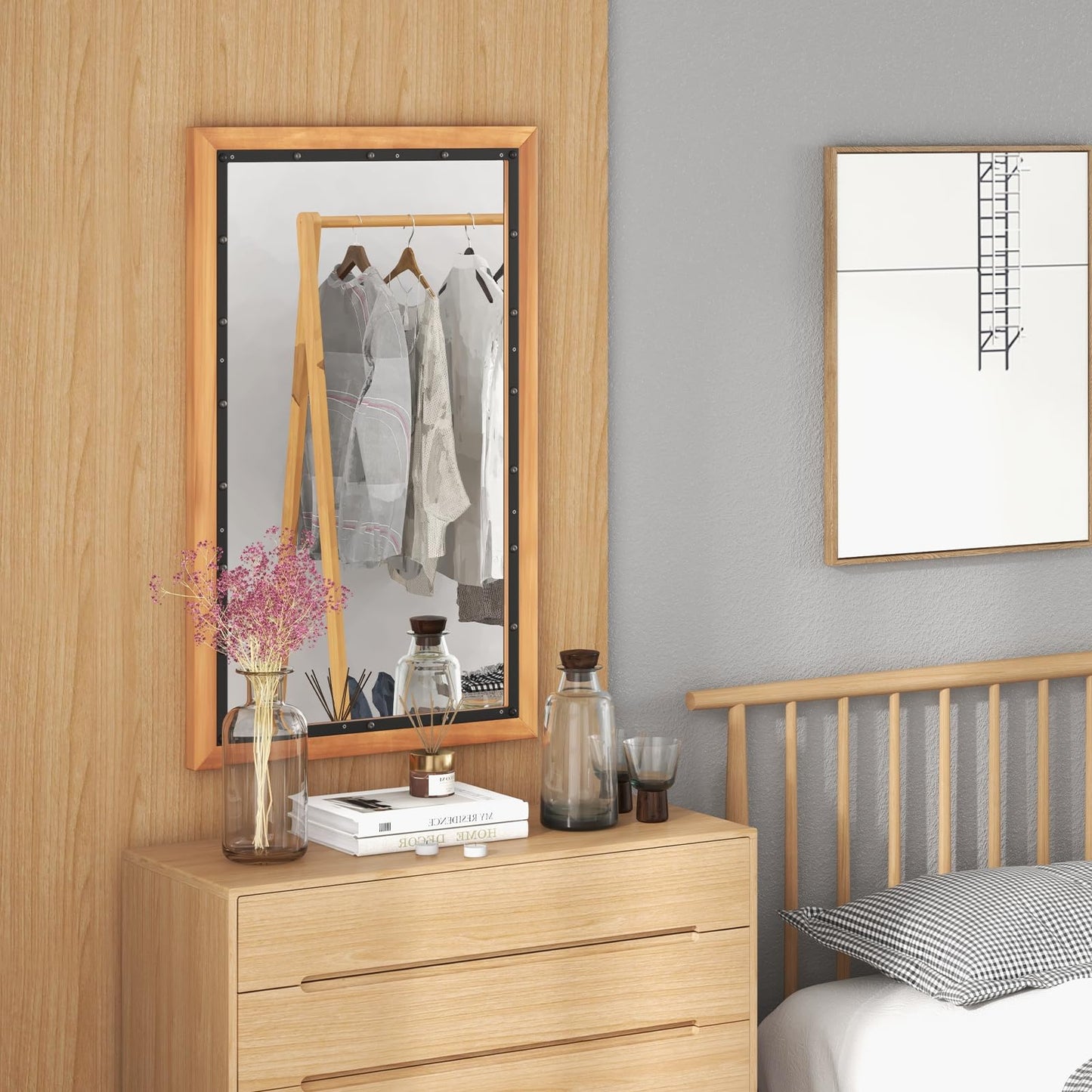Miroir rustique en bois Tangkula, miroir mural rectangulaire avec cadre et panneau arrière