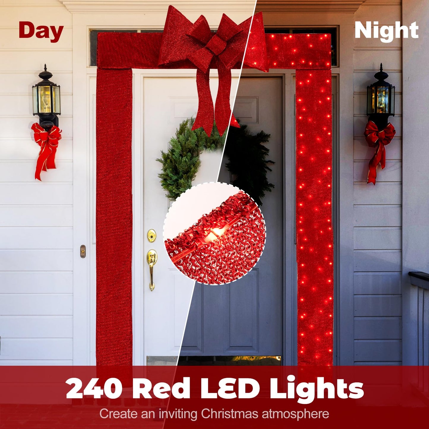 Tangkula Pre-Lit Christmas Doorway Arch w/Bow, LED Lighted Festive Door Decoration w/ 240 Red LED Lights
