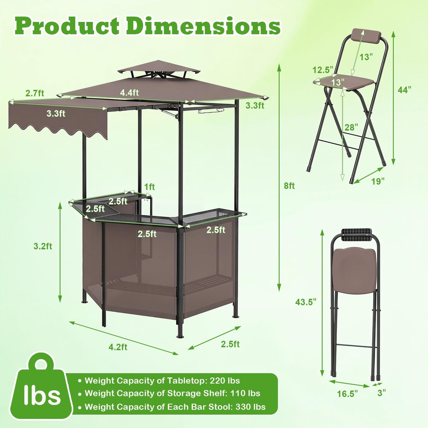 Tangkula 3 Piece Patio Bar Set | Grill Gazebo & 2 Foldable Bar Stools with Awning