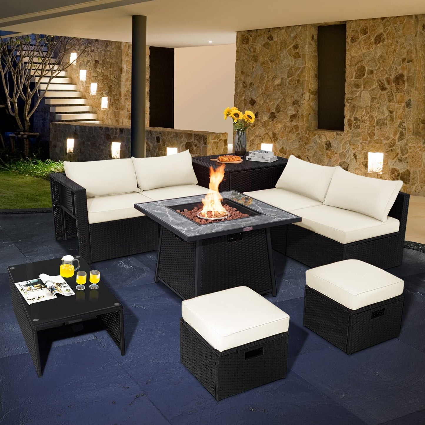 Tangkula 9 Pieces Outdoor PE Rattan Sectional Sofa with 35-Inch Gas Fire Pit Table