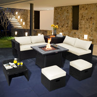 Tangkula 9 Pieces Outdoor PE Rattan Sectional Sofa with 35-Inch Gas Fire Pit Table