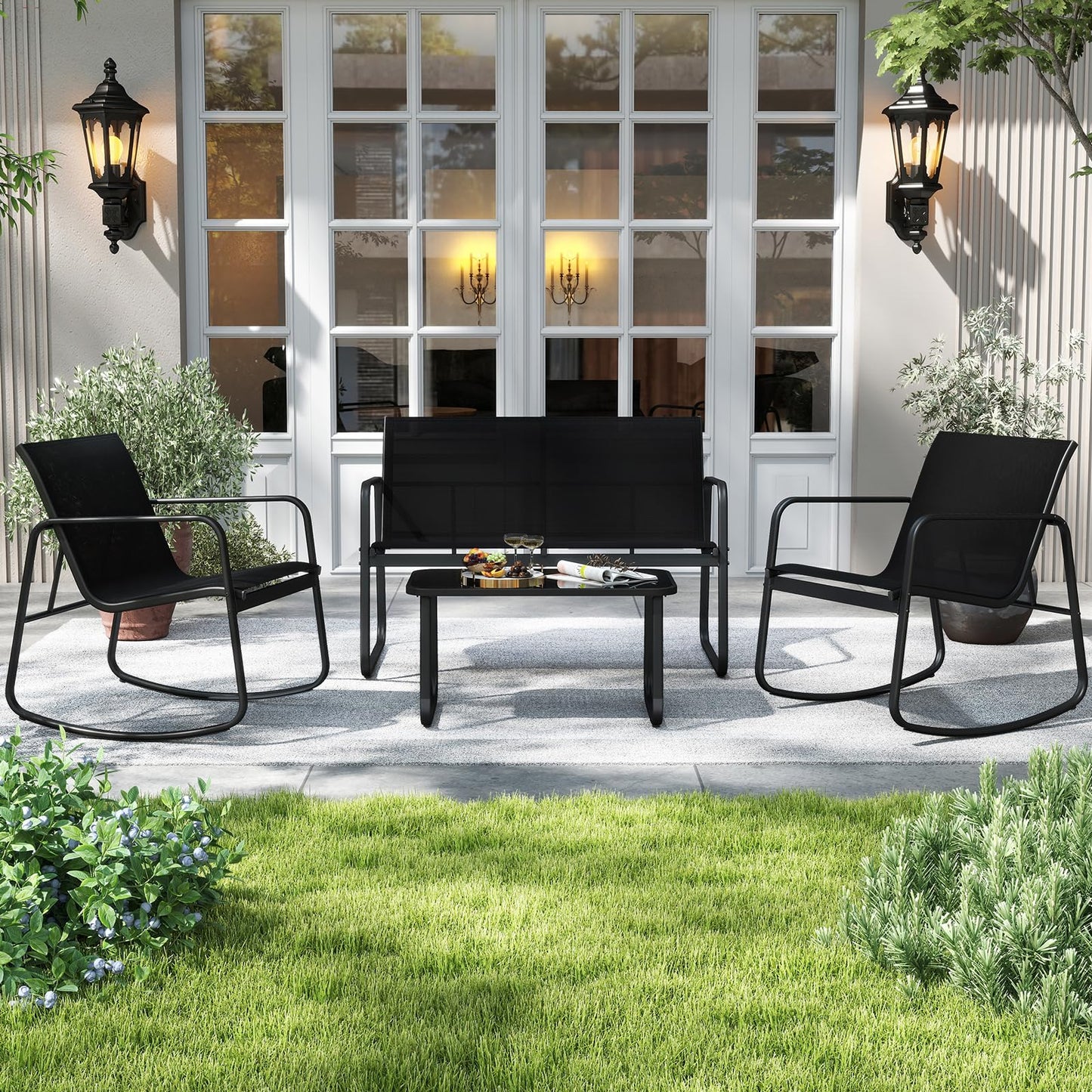 Tangkula Outdoor Rocking Bistro Set with Rocking Chairs Loveseat & Glass Coffee Table