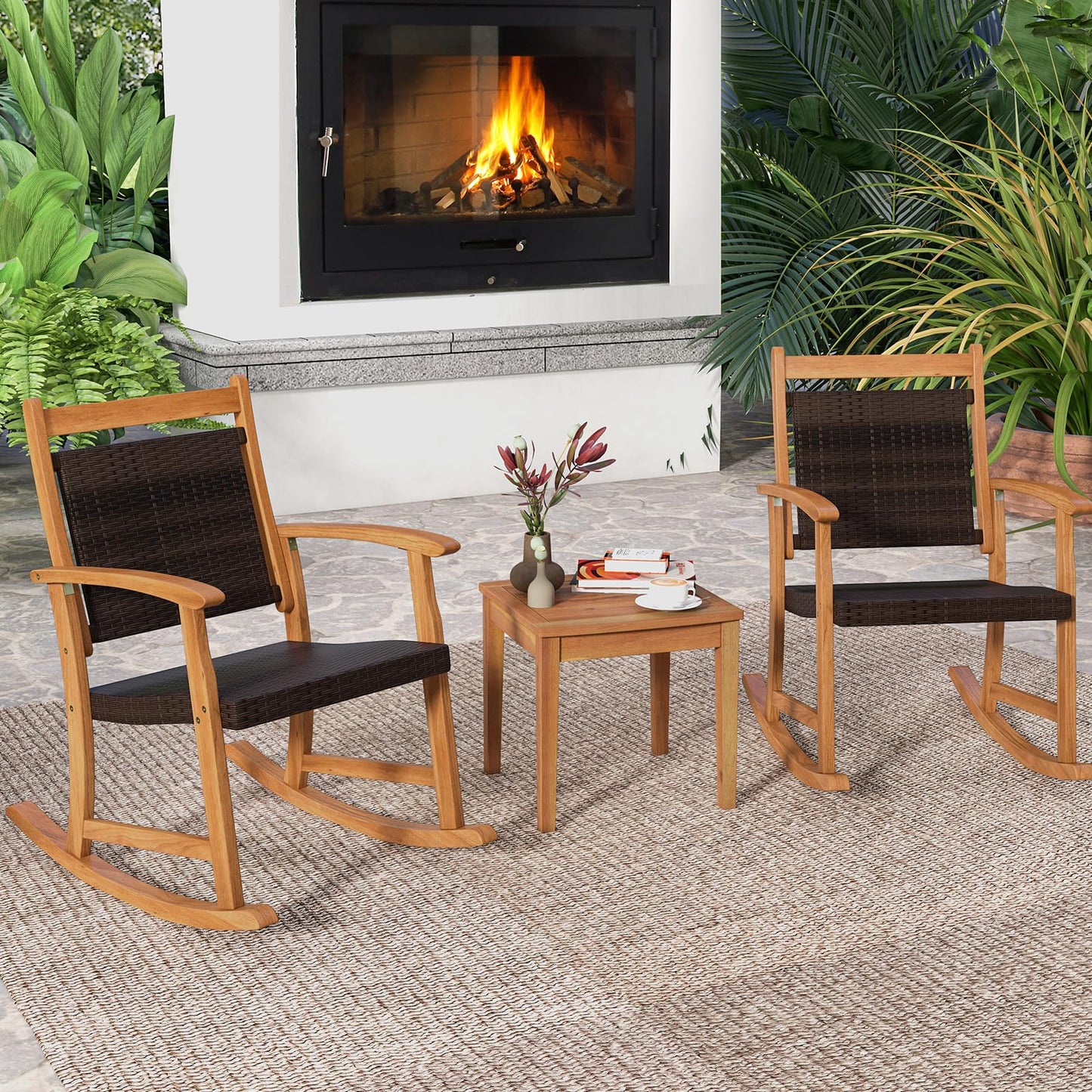 Tangkula 3 Pieces Patio Rocking Chair Set