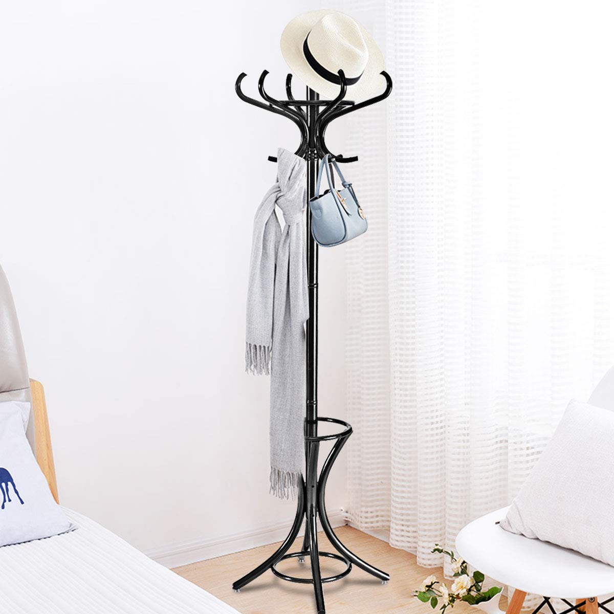 Tangkula Standing Coat Rack Wood 12 Hooks