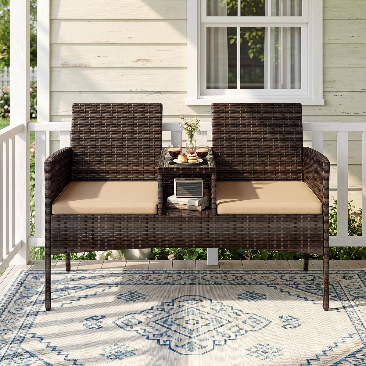 Tangkula Outdoor Loveseat with Built-in Table and Soft Cushions
