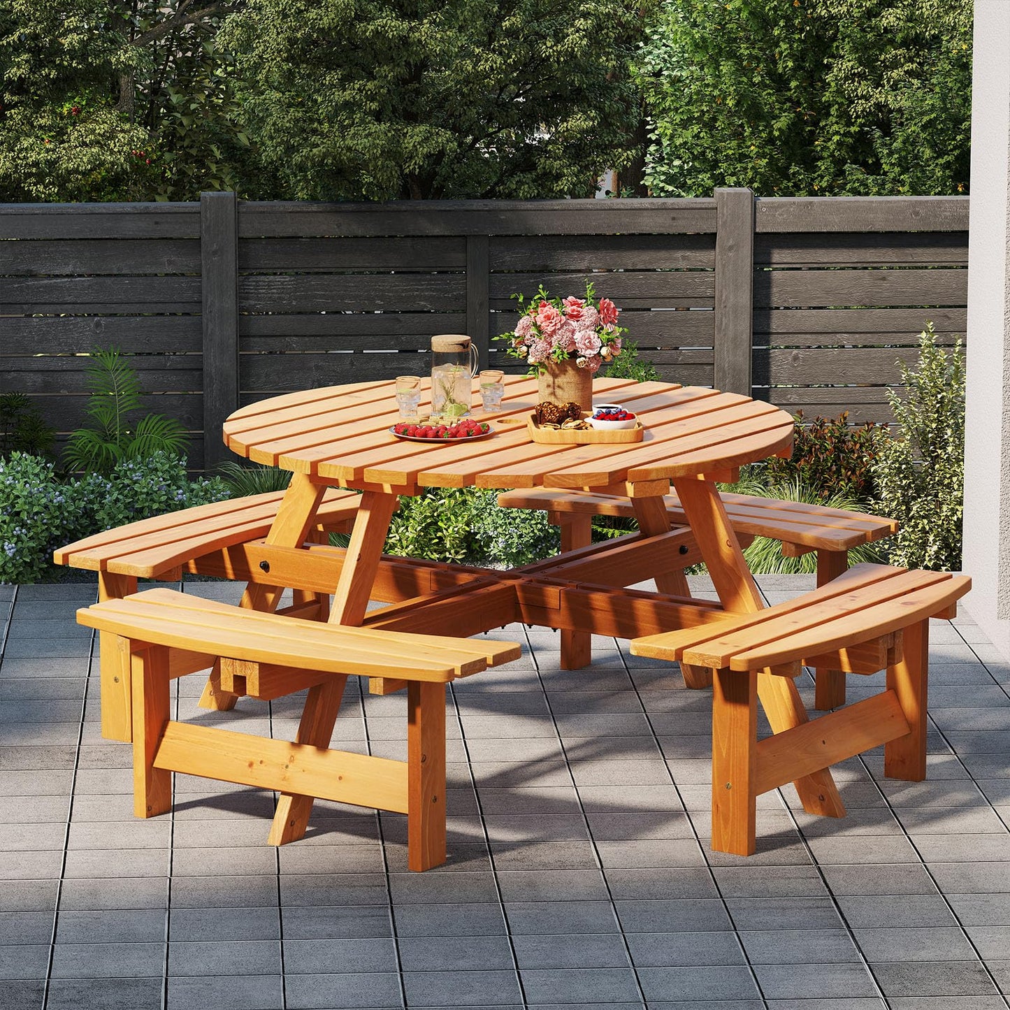 Tangkula 8-Person Wood Picnic Table Outdoor Round Table and Bench Set