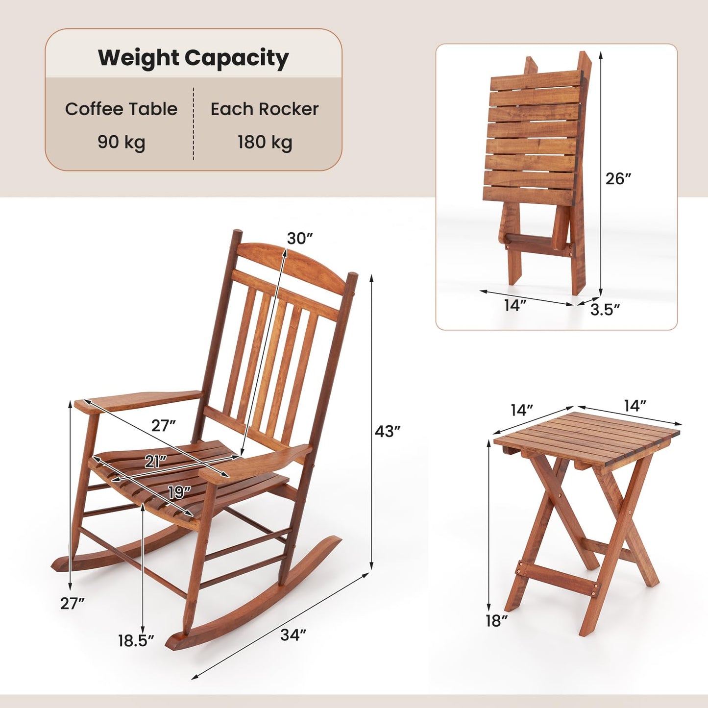 Tangkula 3-piece Outdoor Poplar Wood Rocking Bistro Set