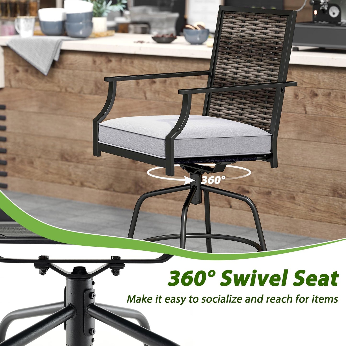 Tangkula 3 Pieces Outdoor Swivel Bar Set High Top Patio Bar Table and Rattan Wicker Chairs
