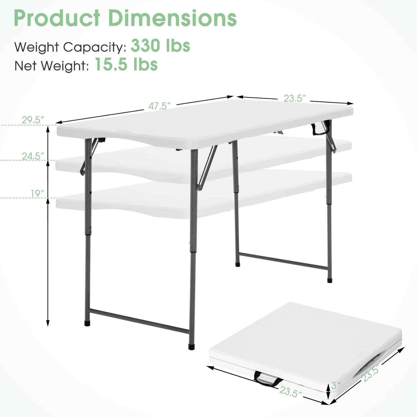 Tangkula 4 ft Folding Table, Portable Picnic Table with 3 Adjustable Height