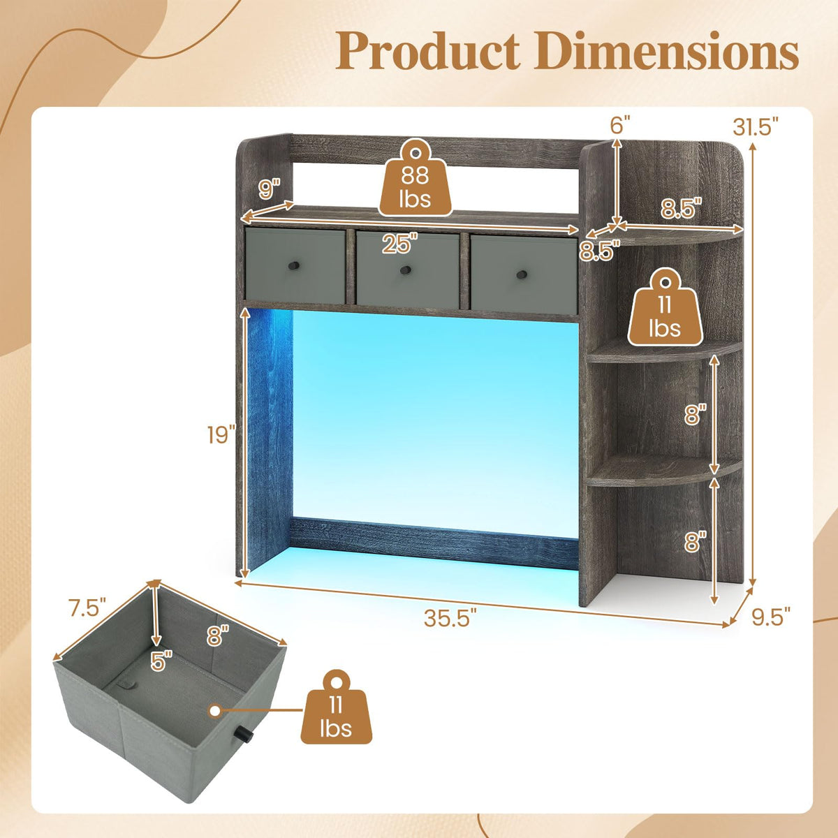 Tangkula Desktop Bookshelf with LED Lights Dorm Desk Hutch