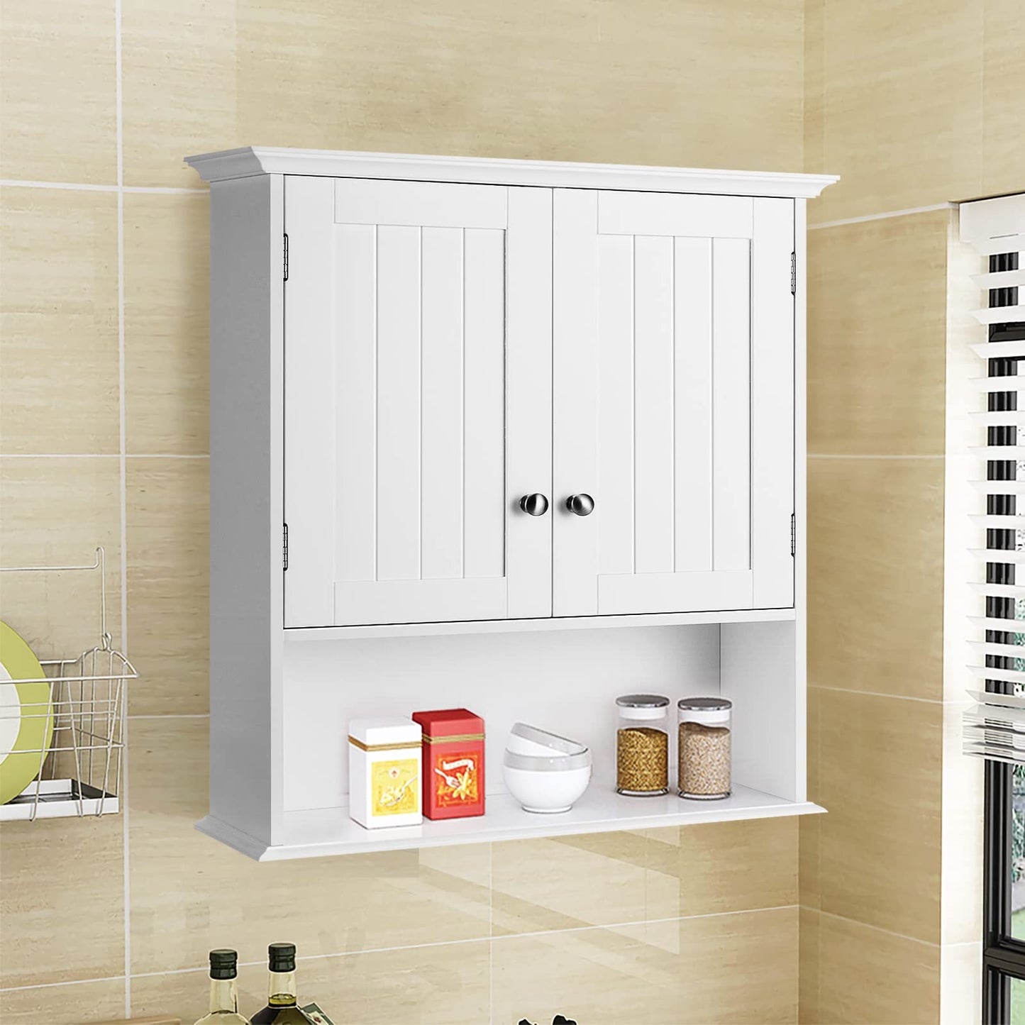 Tangkula Bathroom Wall Cabinet, Wooden Hanging Storage Cabinet with Doors & Shelves