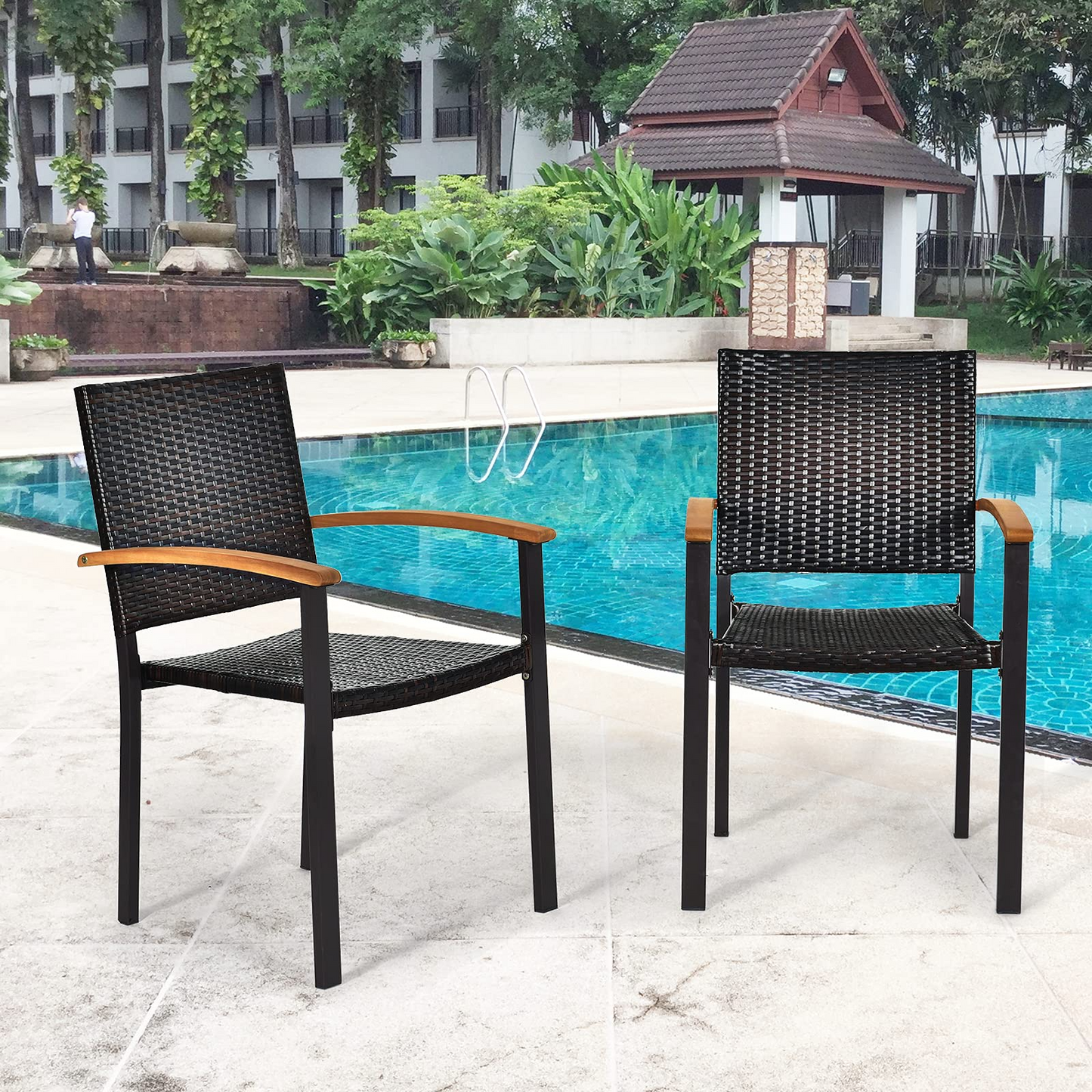 Tangkula 2 Pieces Stackable Patio Rattan Chair, Outdoor PE Wicker Dining Armchair W/Galvanized Steel Frame, Acacia-Topped Armrests