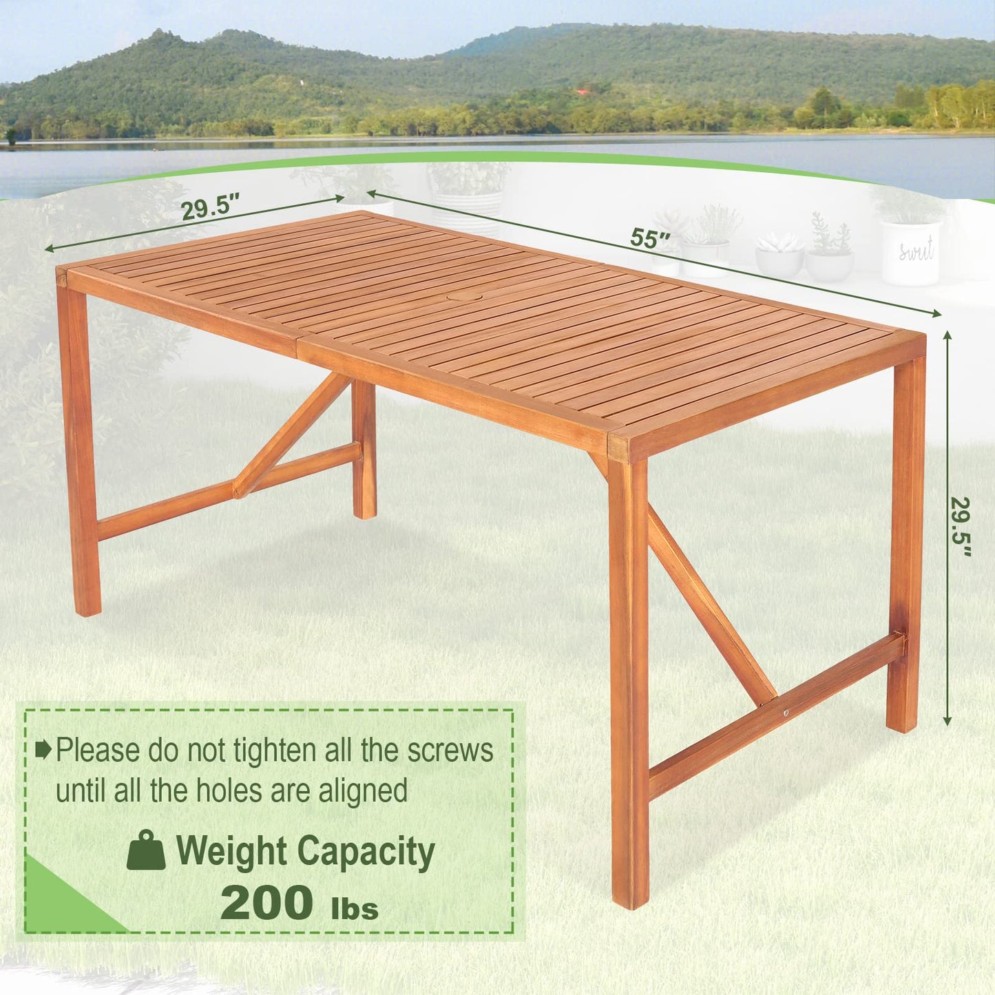 Tangkula 55" Acacia Wood Outdoor Dining Table for 4-6 Person
