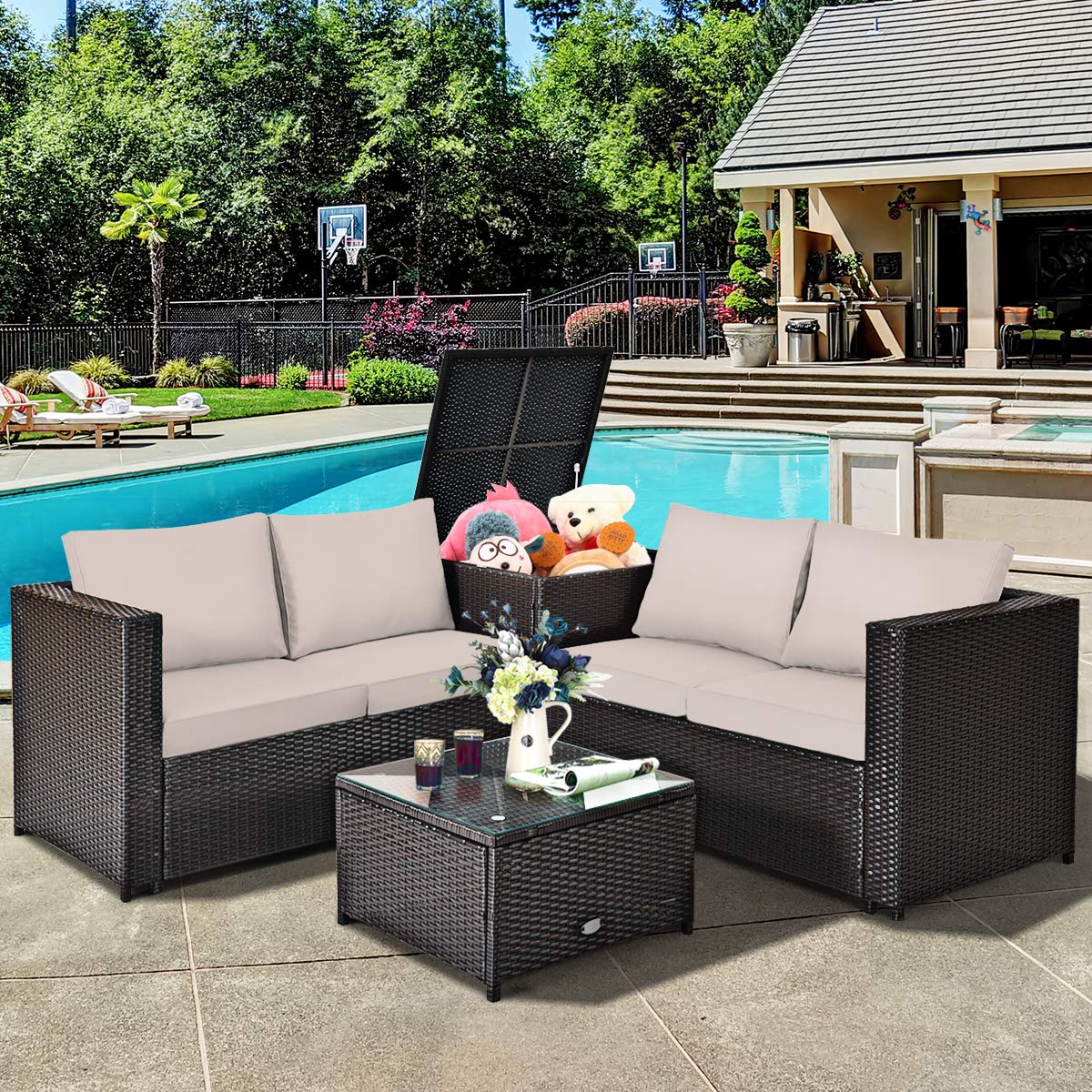Tangkula 4 Piece Wicker Patio Set with Storage