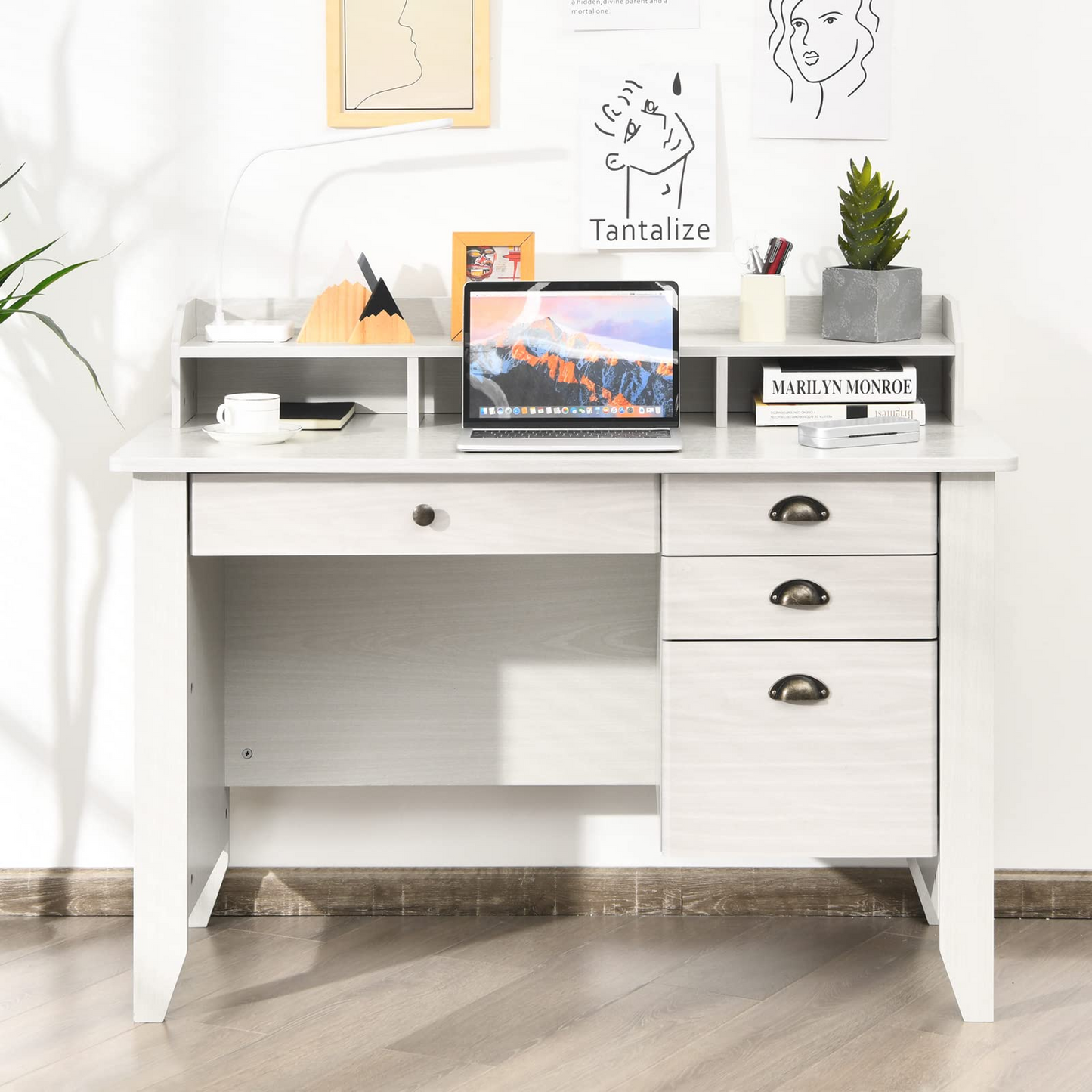Tangkula 48" Computer Desk with 4 Storage Drawers & Hutch, Home Office Desk Vintage Desk