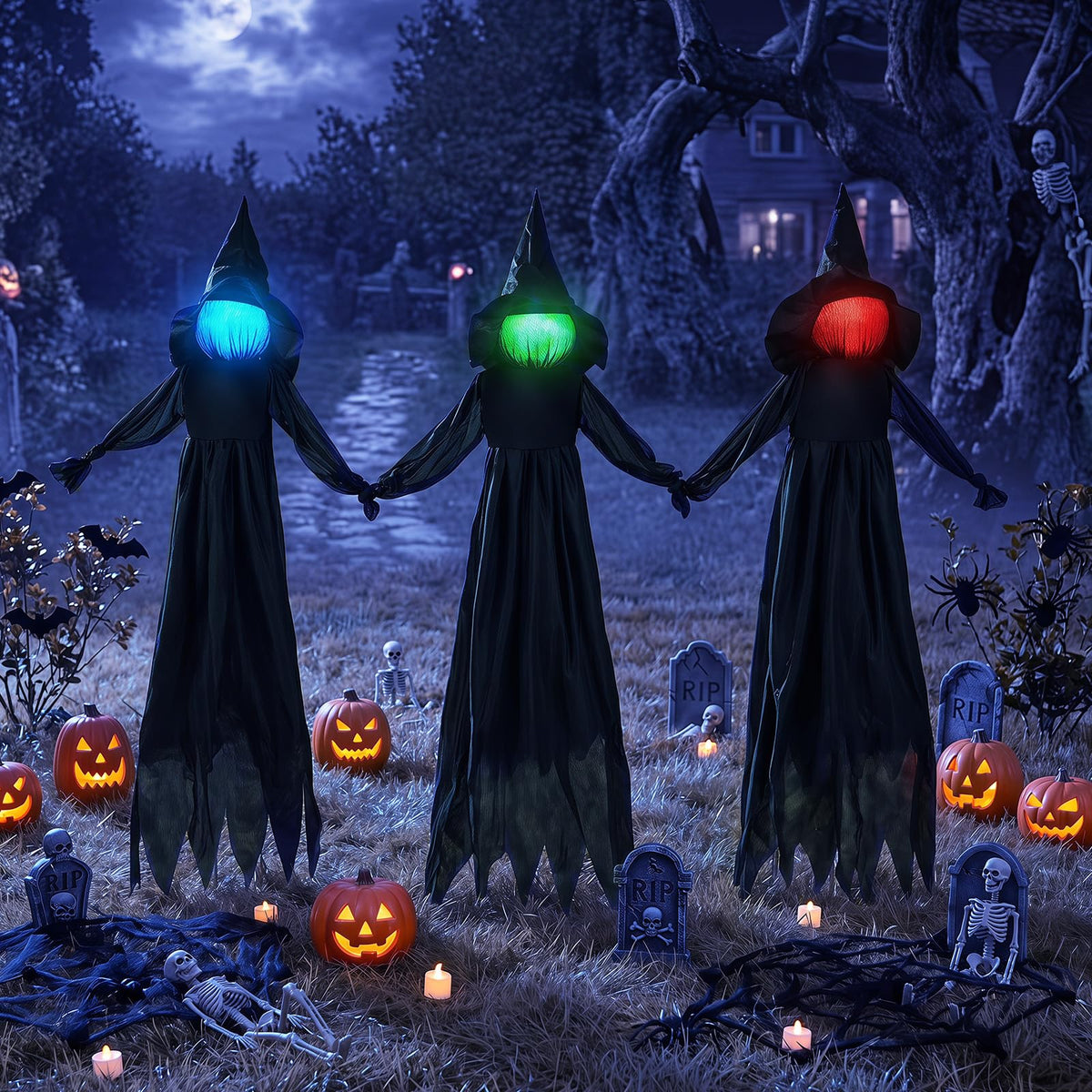 Tangkula 9.3 FT Outdoor Halloween Decoration Light Up Witch Stakes Set of 3