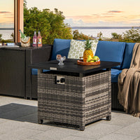 Tangkula 29 Inch Rattan Propane Fire pit Table, Patiojoy 50,000 BTU Outdoor Square Fire Pit with Lava Rocks & Protective Cover