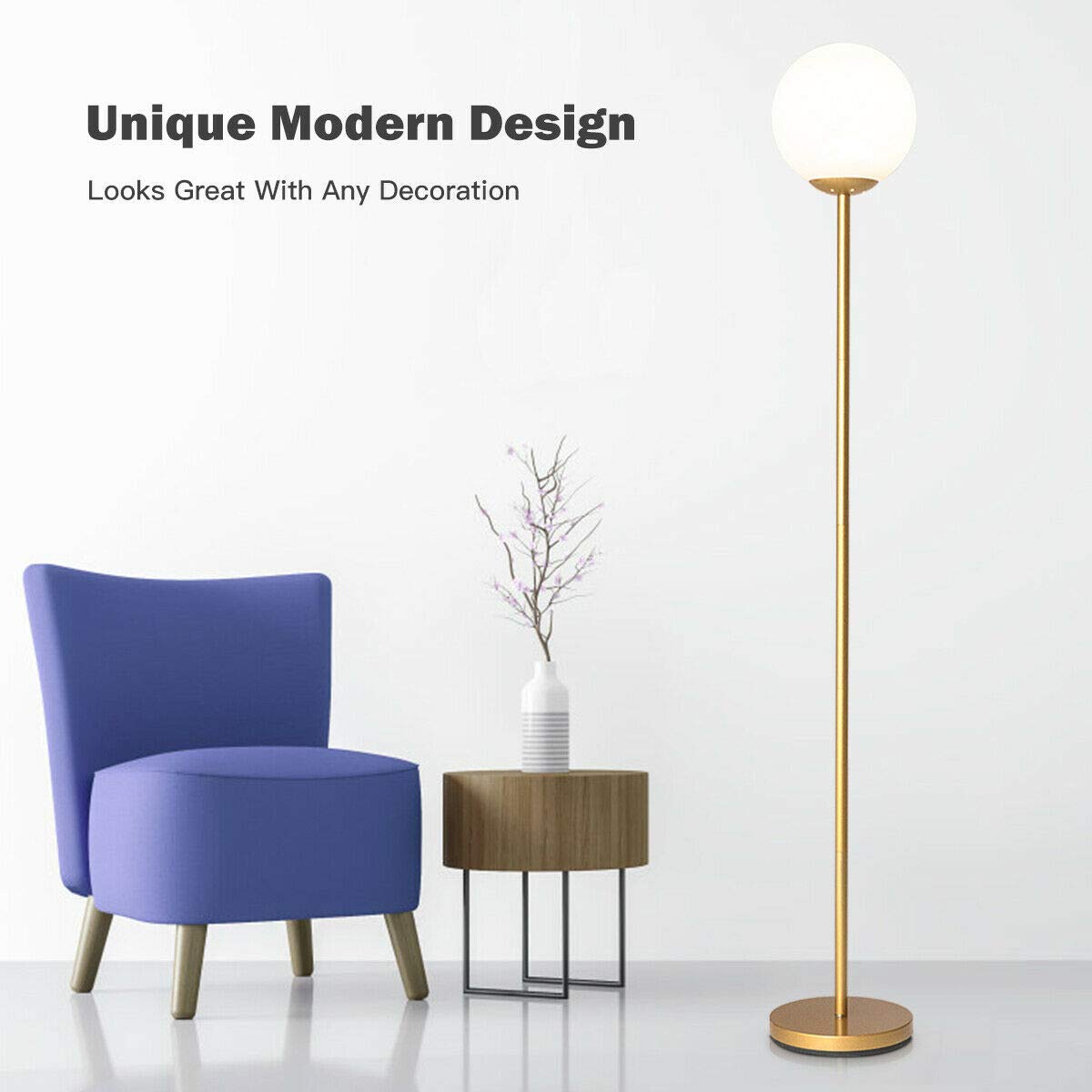 Tangkula Globe Floor Lamp, Mid Century Modern Standing Lamp with Acrylic Lampshade (Gold)