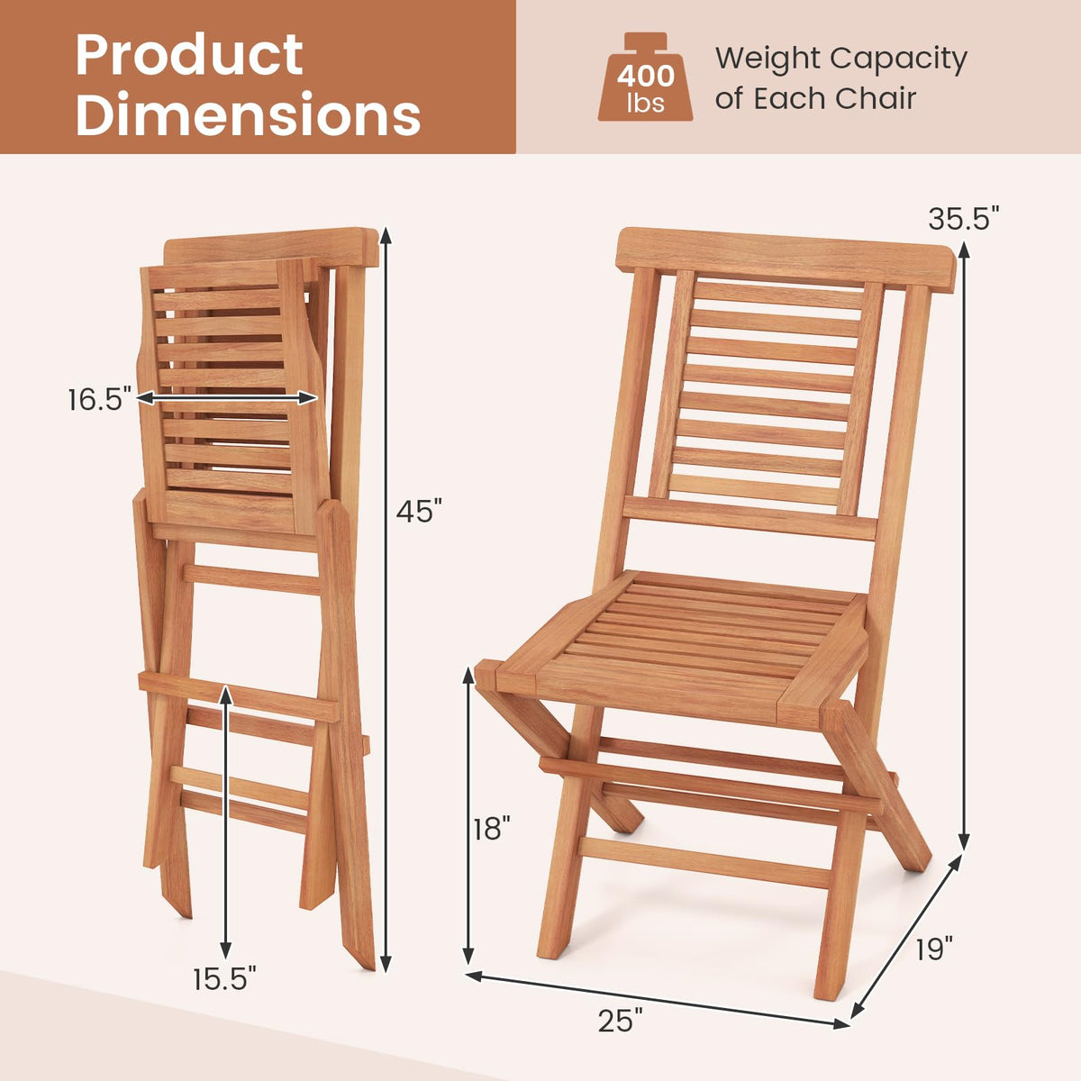 Tangkula Teak Wood Folding Patio Chairs Set of 2/4(25" x 19" x 35.5")