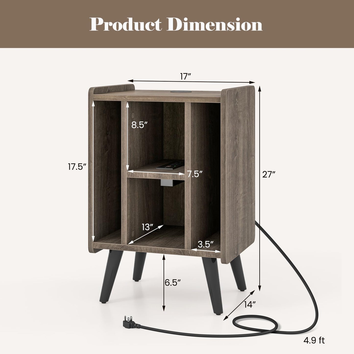 Tangkula Record Player Stand w/Charging Station & USB Ports, Nightstand Sofa Side Table, 27" H