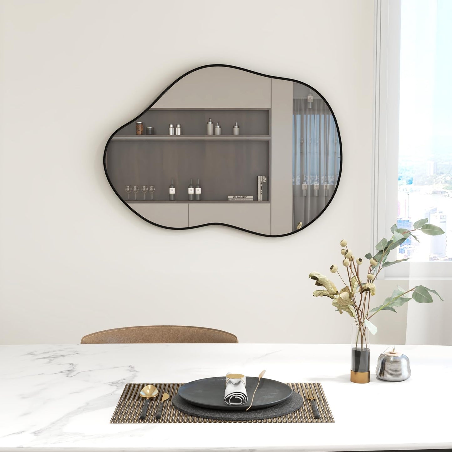 Miroir mural asymétrique Tangkula, grand miroir mural élégant de forme irrégulière avec panneau arrière de qualité supérieure