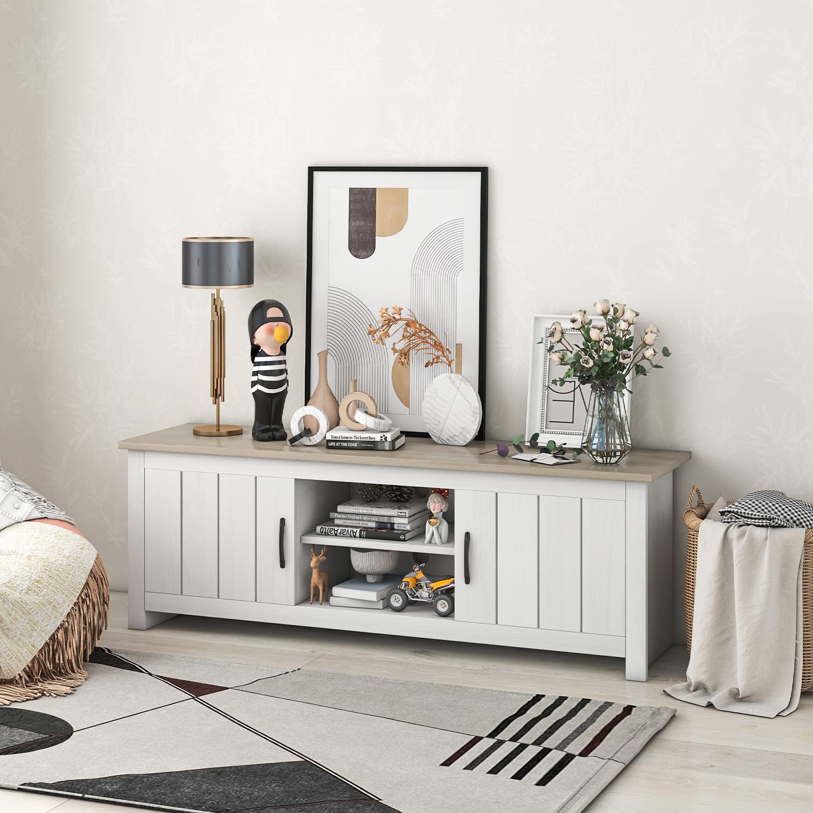 2 Doors TV Stand for TVs up to 65", White Oak - Tangkula