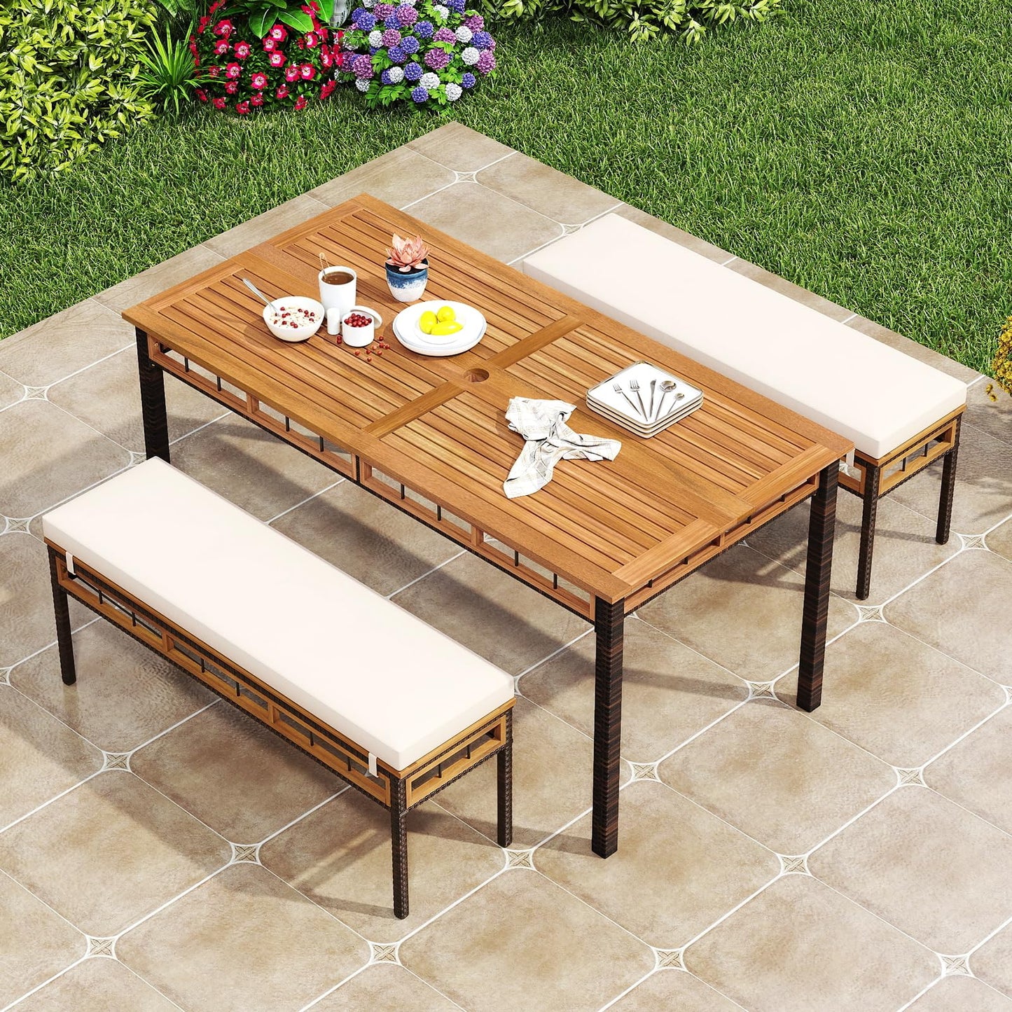 Tangkula 3 Pieces Wood Patio Dining Set with 1.97” Umbrella Hole