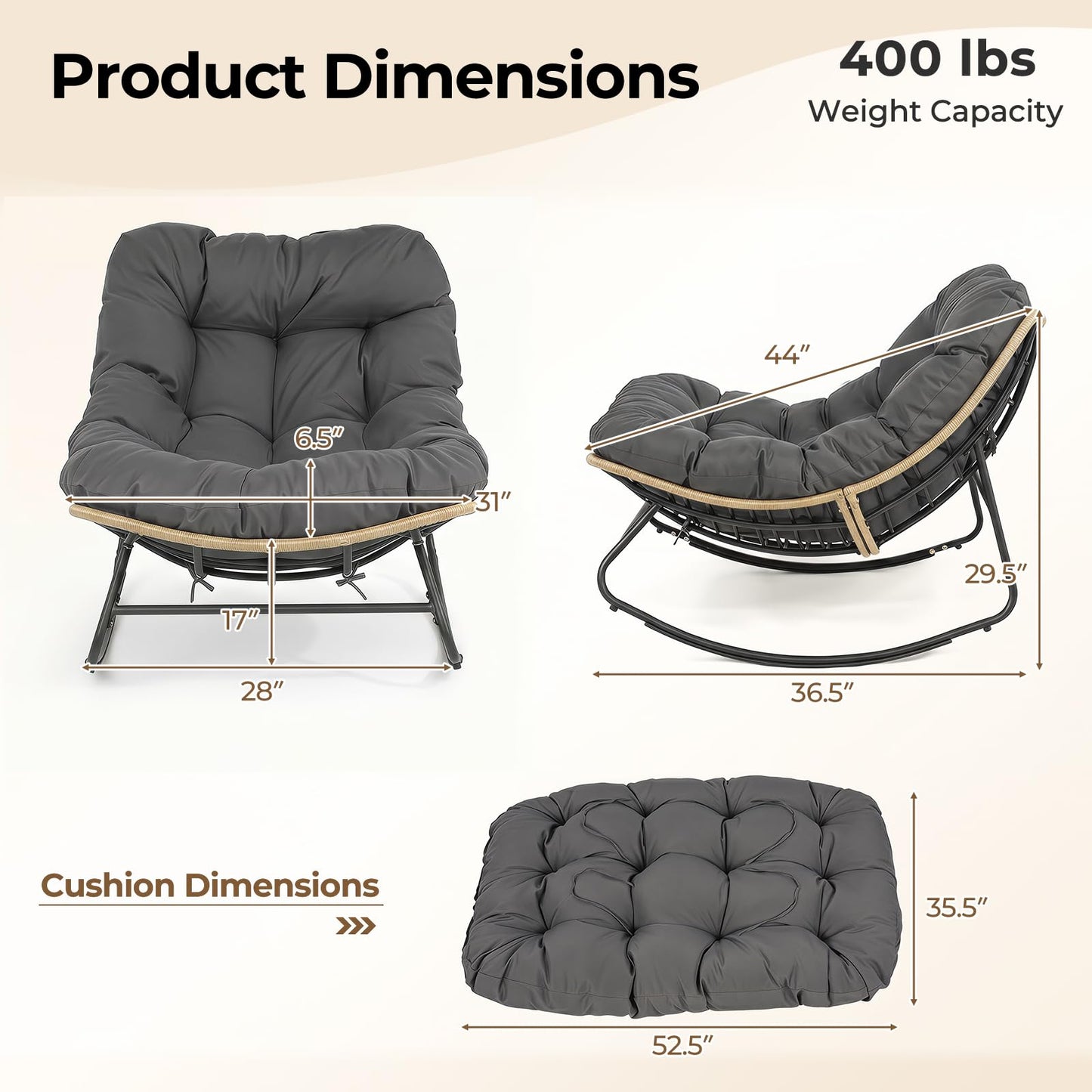 Tangkula Oversized Egg-Shaped Papasan Rocking Chair