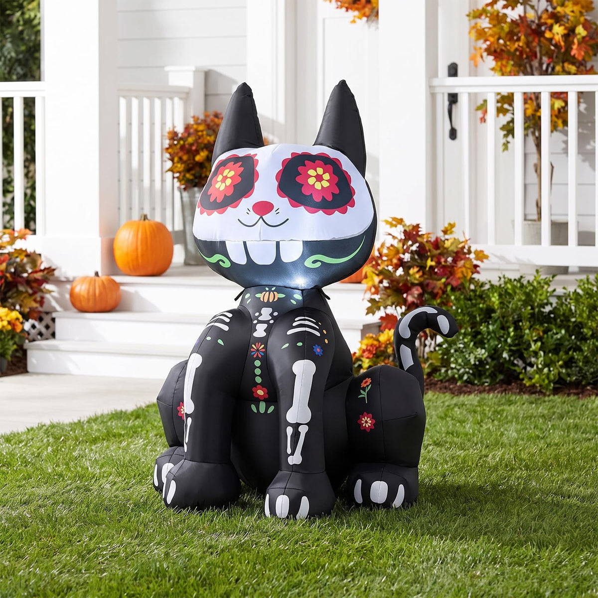 Tangkula 4 FT Day of the Dead Inflatable Skull Black Cat with LED Lights