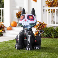 Tangkula 4 FT Day of the Dead Inflatable Skull Black Cat with LED Lights