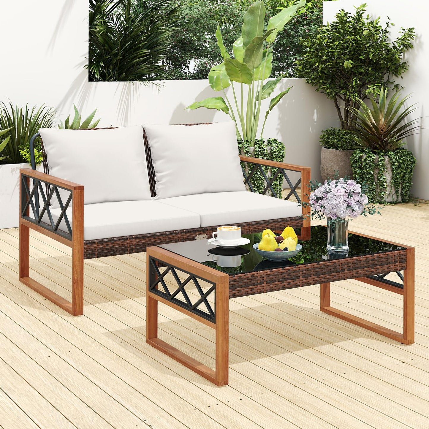 Tangkula 2 Pieces Outdoor Acacia Wood Loveseat and Table Set