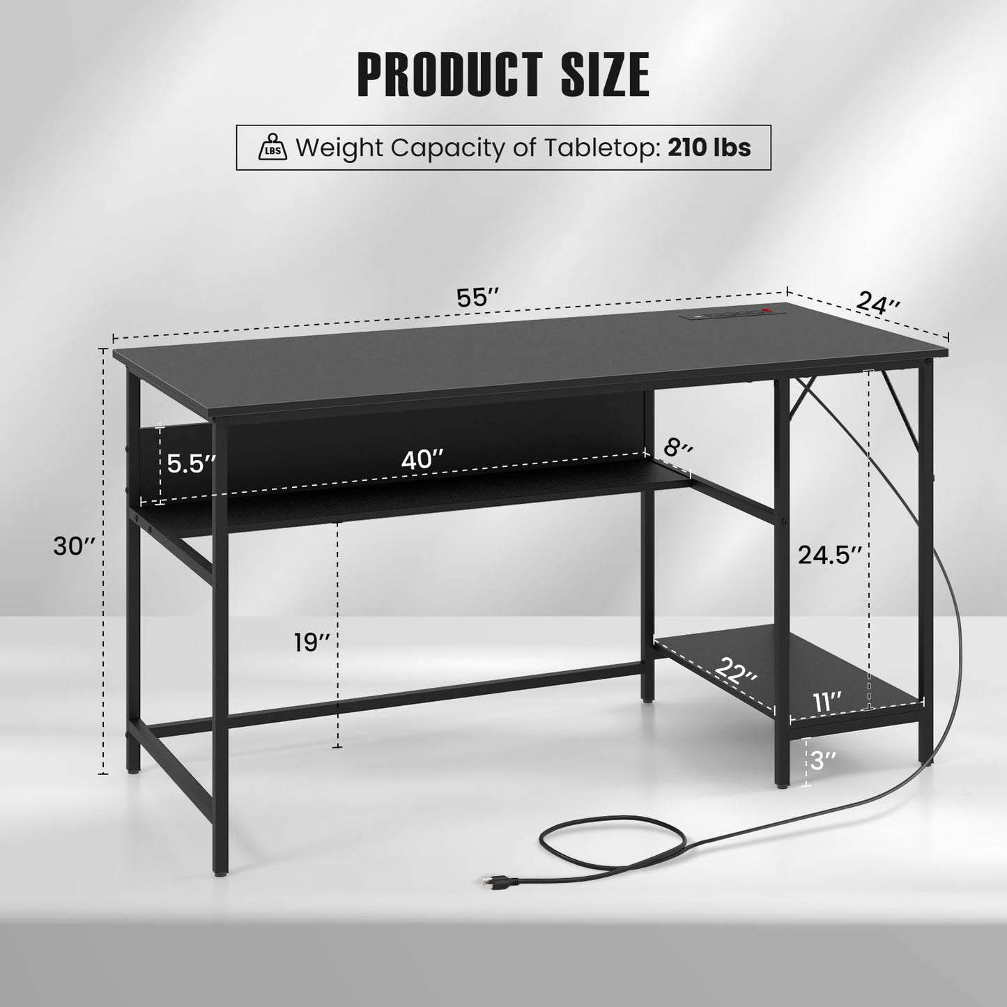 Tangkula 55 Inch Computer Desk with Power Outlet & USB Ports