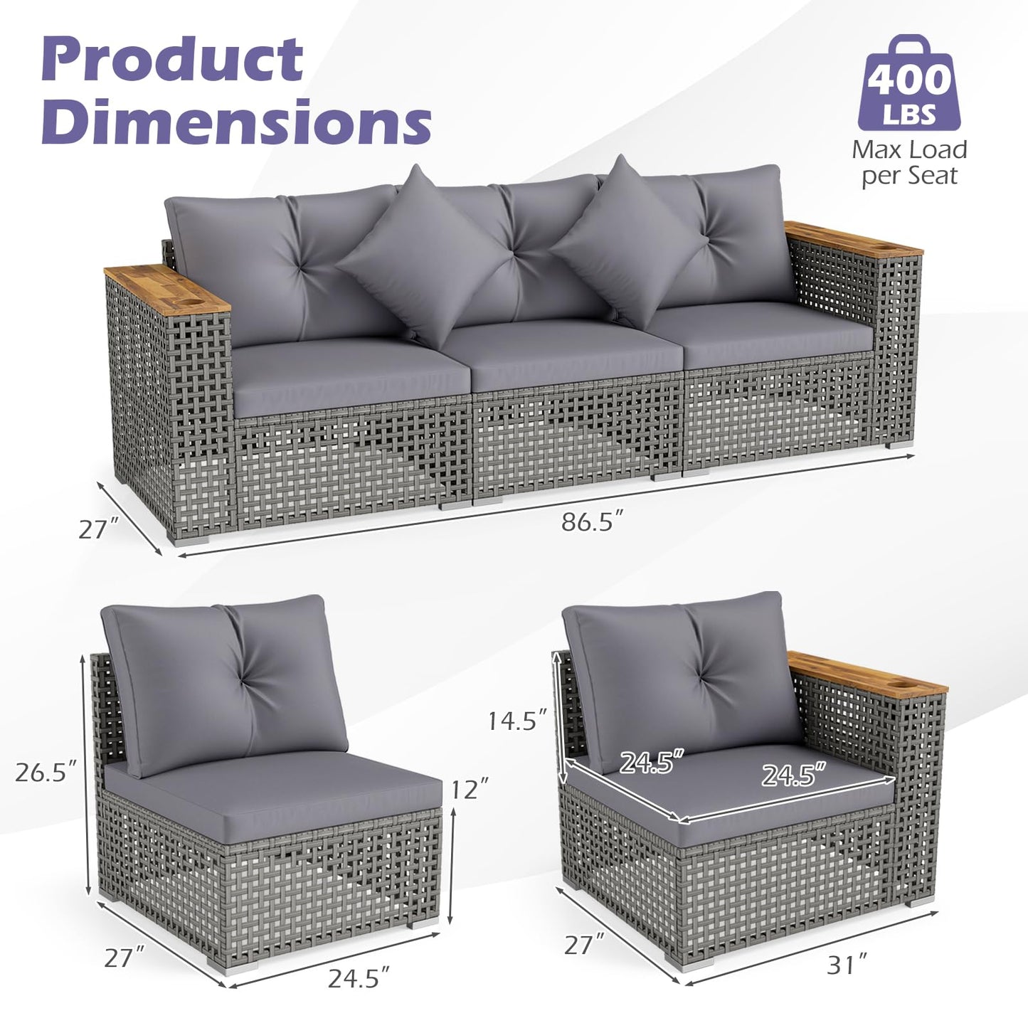 Tangkula 86.5" Large 3-Seat Patio Wicker Sofa for Garden