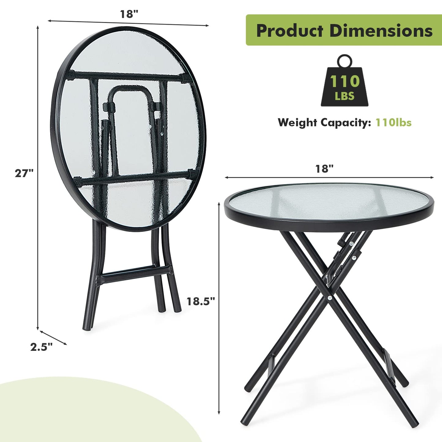 Tangkula Patio Bistro Table, 18" Round Side Table with Tempered Glass Tabletop (Black)