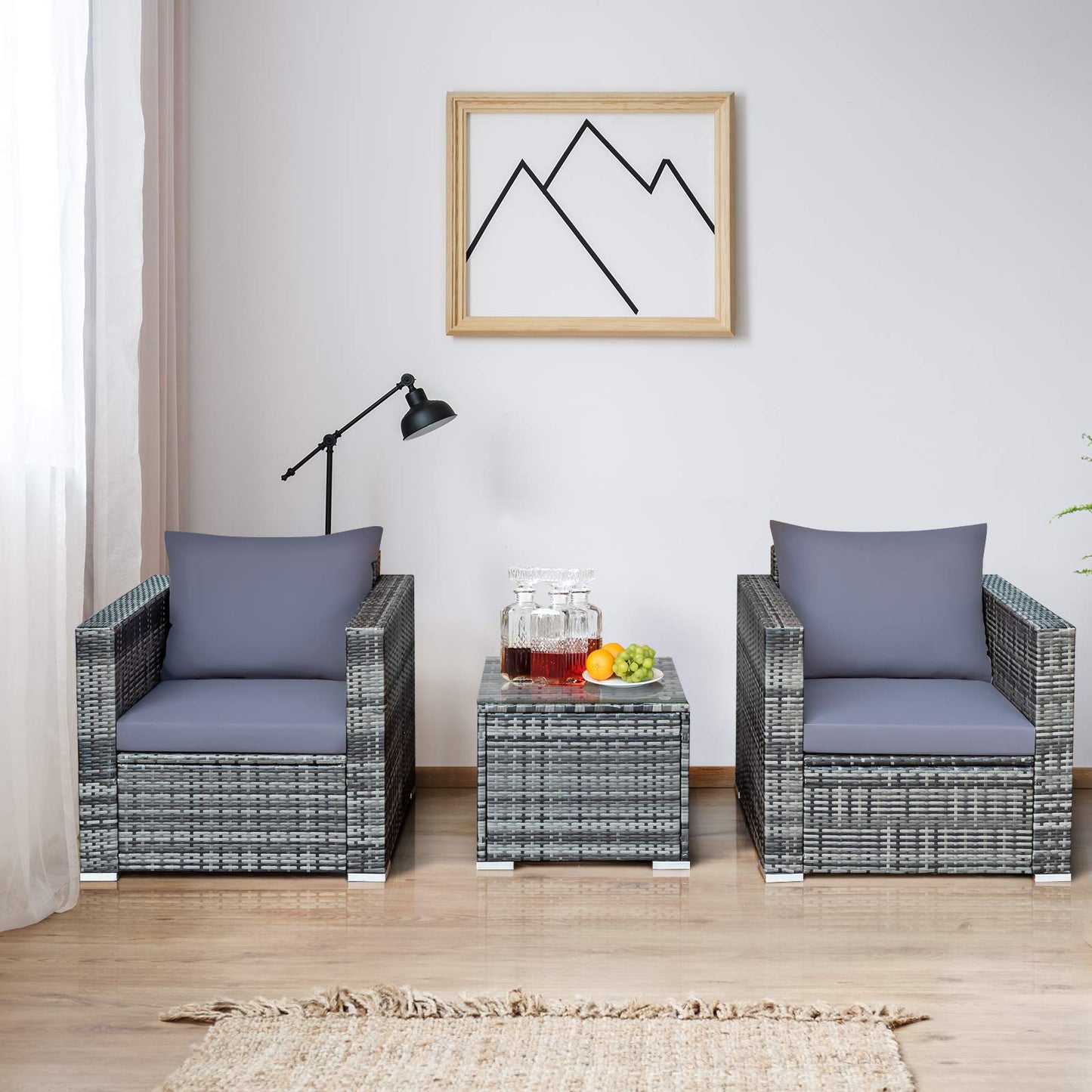 3 Pieces Patio Furniture Set, PE Rattan Wicker Sofa Set w/Washable Cushion and Tempered Glass Tabletop