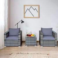 3 Pieces Patio Furniture Set, PE Rattan Wicker Sofa Set w/Washable Cushion and Tempered Glass Tabletop