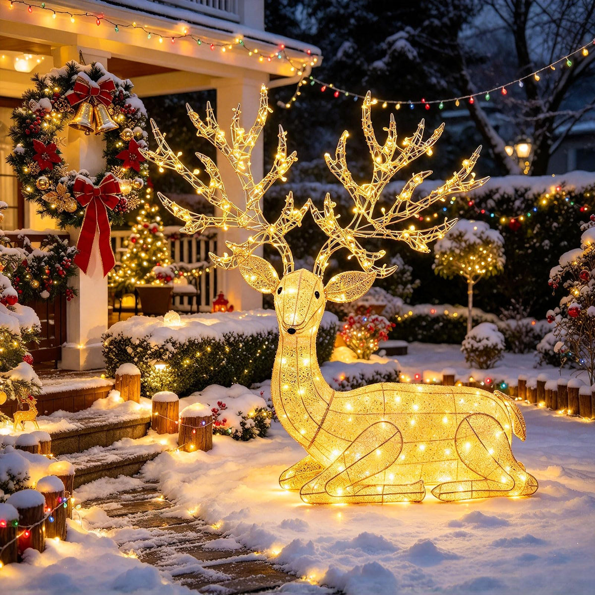 Tangkula Christmas Lighted Kneeling Reindeer for Yard Lawn Patio Garden