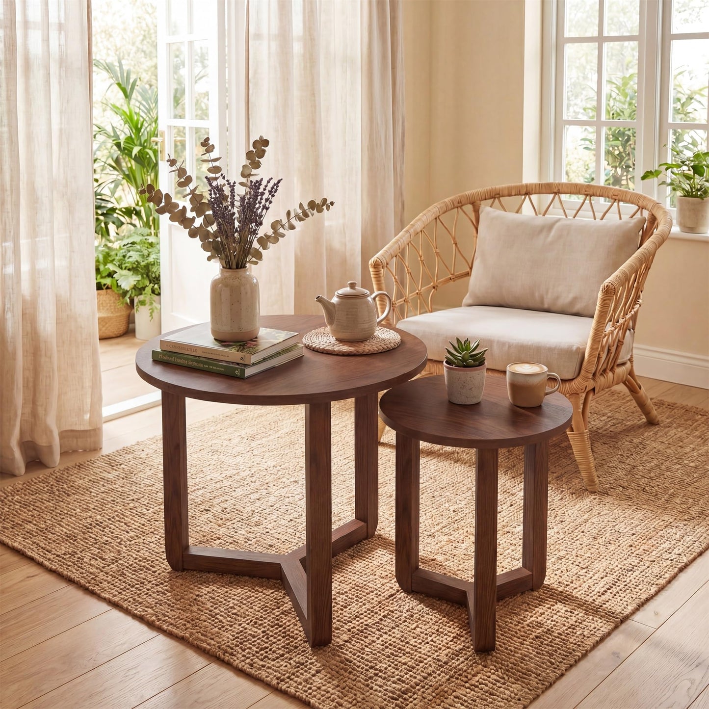 Tangkula Round Nesting Coffee Table Set of 2 with Solid Rubber Wood Tripod Legs