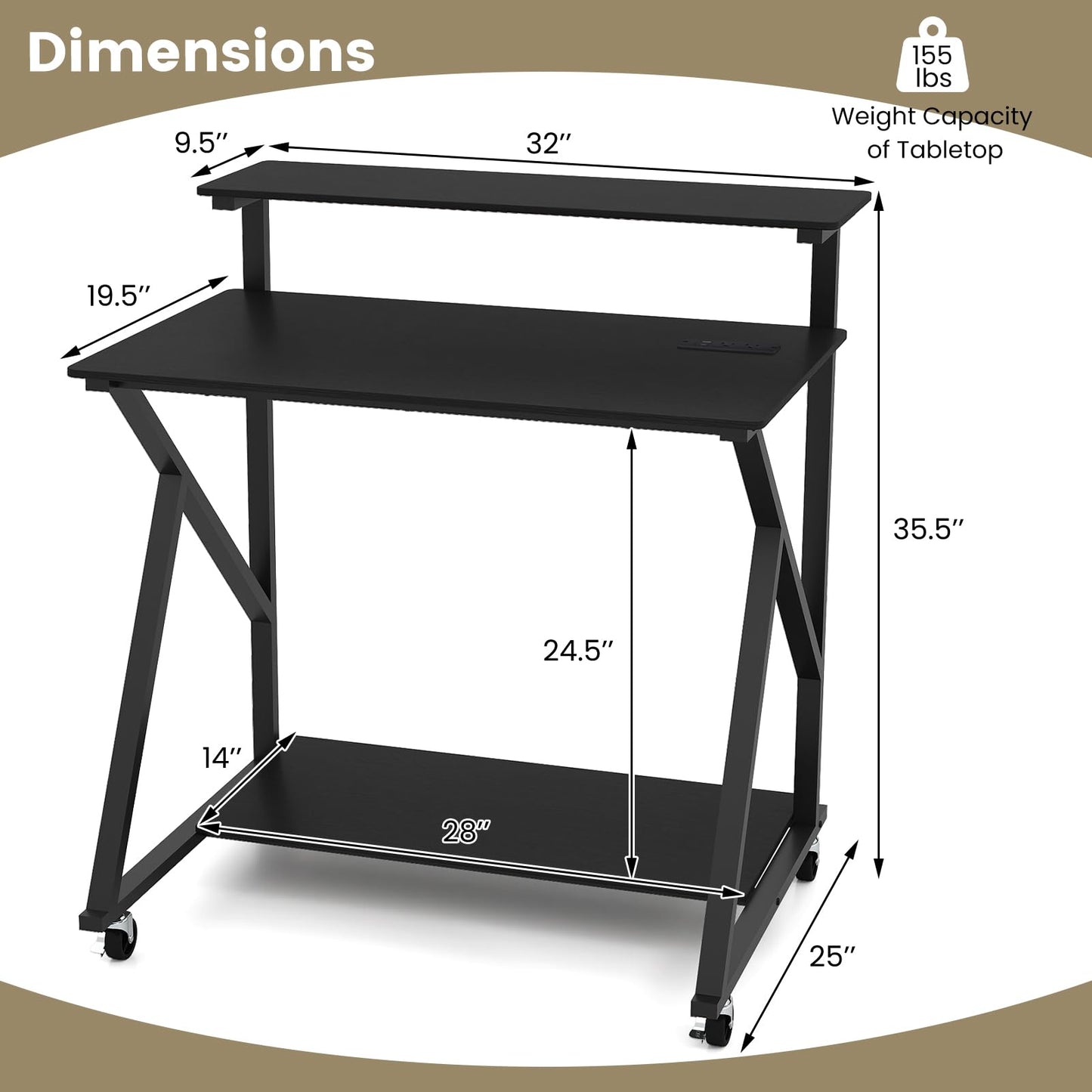Bureau mobile portable pour ordinateur portable et écran 32" Tangkula