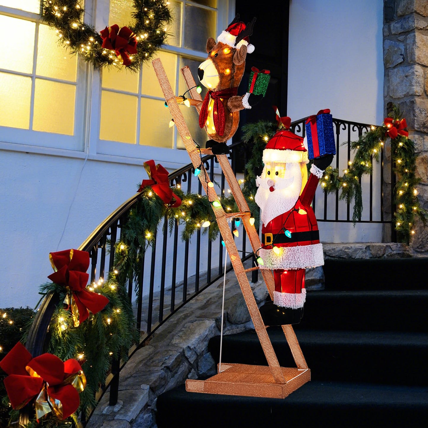 Tangkula 5,5 PIEDS Renne lumineux et Père Noël sur échelle