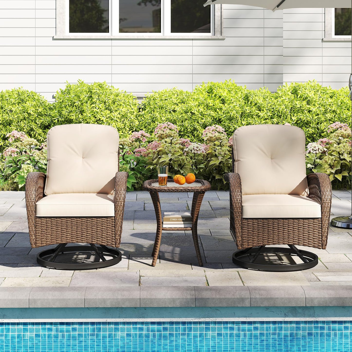 Tangkula 3 Piece Patio Swivel Rocker Set 2 Outdoor Wicker Rocking Chairs
