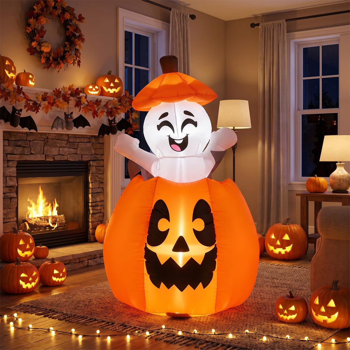 Tangkula 5 FT Halloween Lighted Inflatable Pumpkin with Animated Ghost