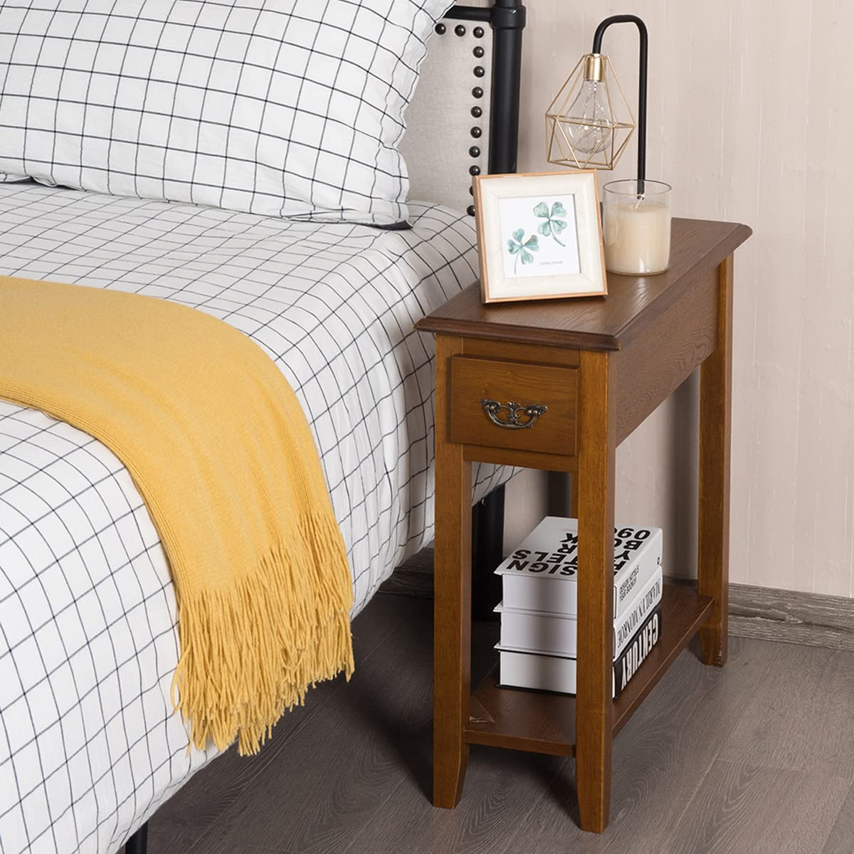 Tangkula Narrow End Table, Slim Side Table with Drawer and Open Shelf