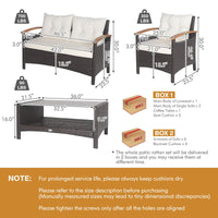 4 Piece Patio Rattan Conversation Set, Outdoor Wicker Sofa Set W/2-Layer Coffee Table