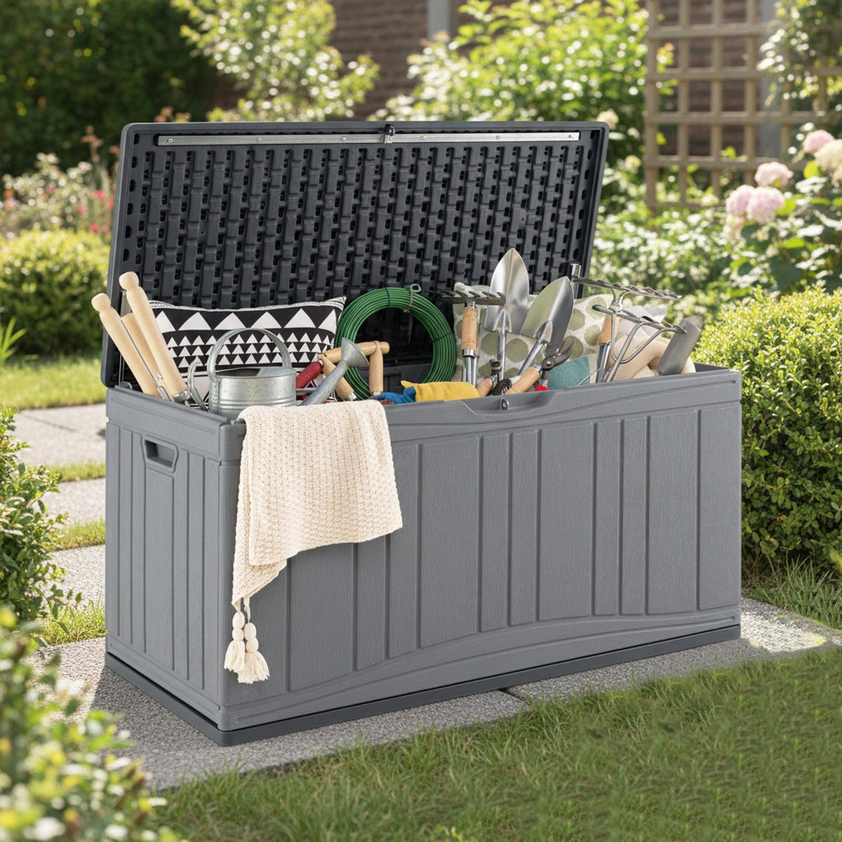 Boîte de Rangement Extérieure Tangkula 300 Litres avec Vérins à Gaz et Couvercle Verrouillable