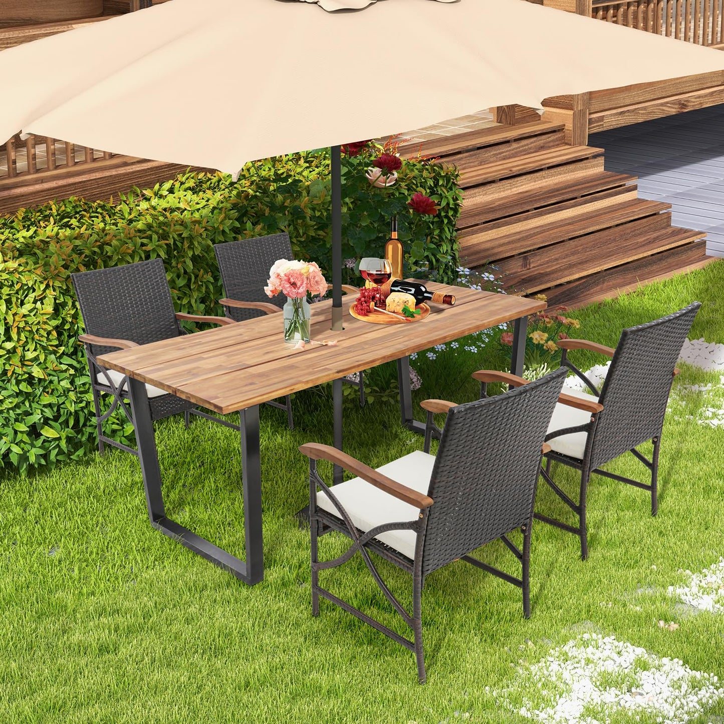 Tangkula Ensemble de salle à manger en rotin pour terrasse, 5/7 pièces, chaises en osier d'extérieur et table à manger