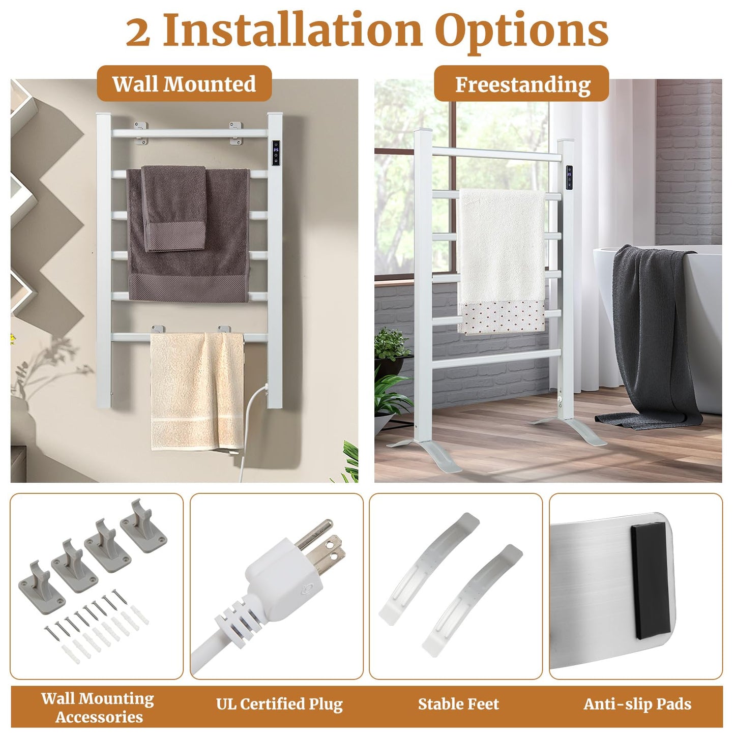 Tangkula Freestanding and Wall-mounted 6 Bars Towel Warmer with Timer and LED Display