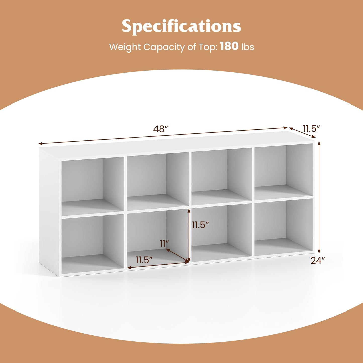 Grande bibliothèque horizontale sur pied Tangkula avec 8 étagères ouvertes et 2 kits anti-basculement